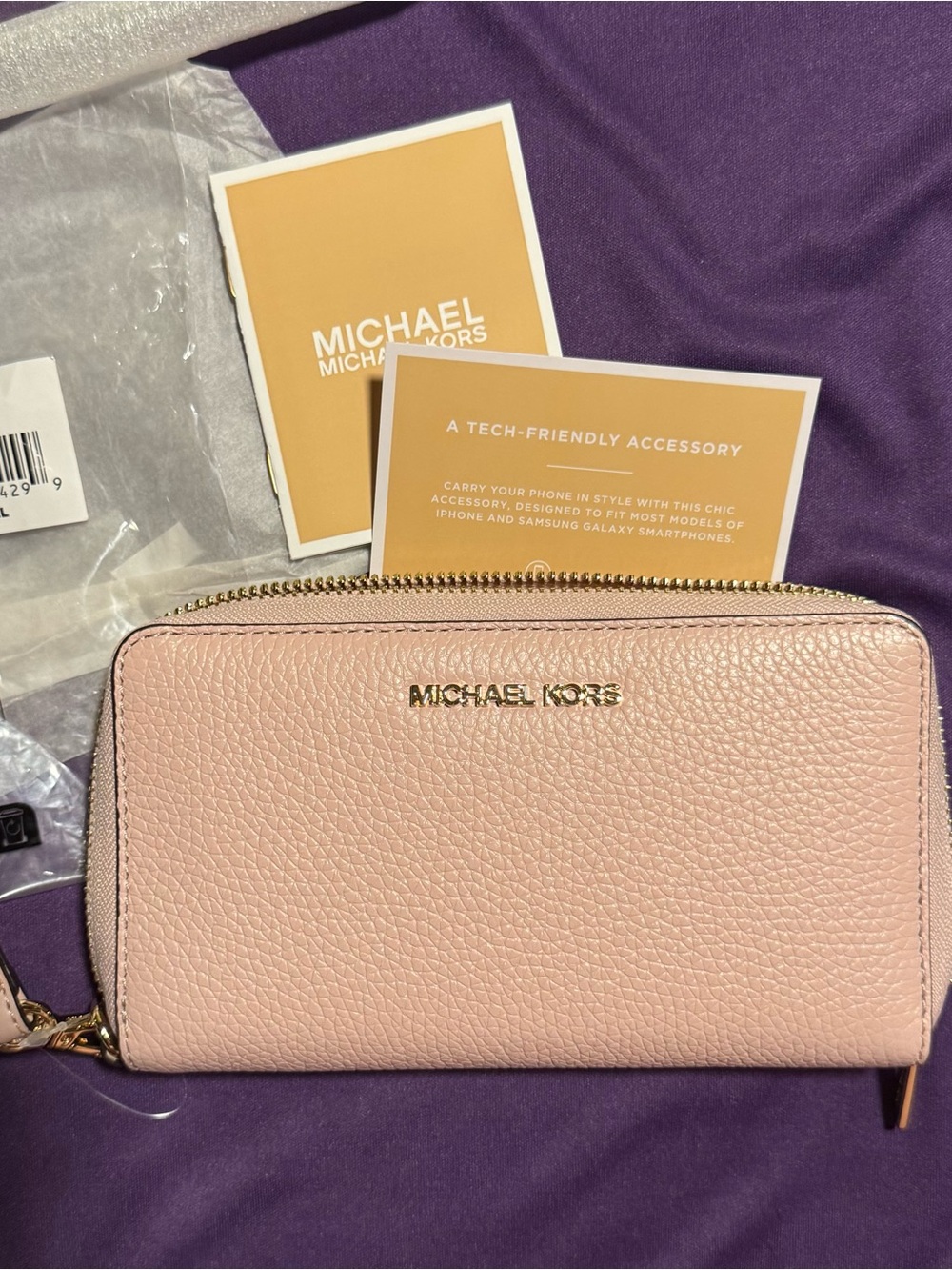 Michael Kors Blush Pink Pebbled Leather Zip Wristlet Wallet w/ cellphone holder